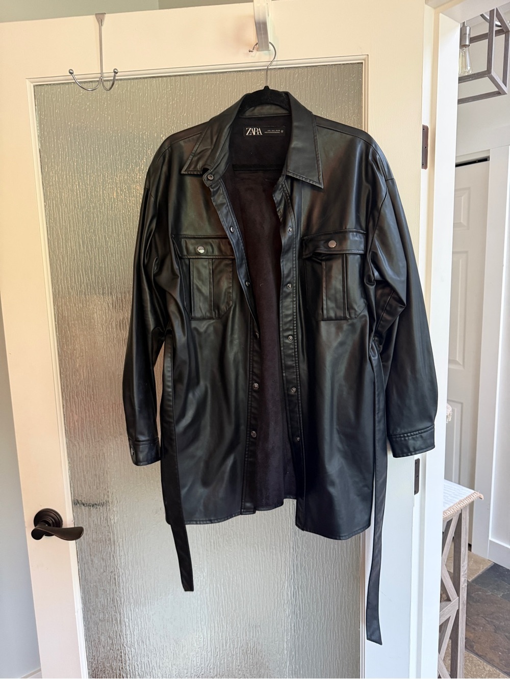 Zara Black Faux Leather Belted Shirt Jacket - Picture 2 of 14